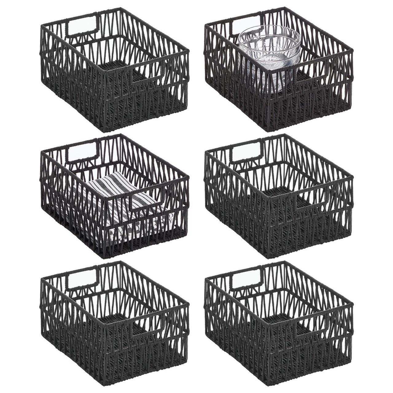 mDesign Metal Wire and Cotton Rope Decorative Kitchen Basket - 6 Pack